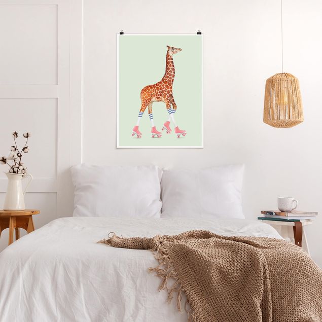 Poster cameretta bambini animali Giraffa con pattini a rotelle