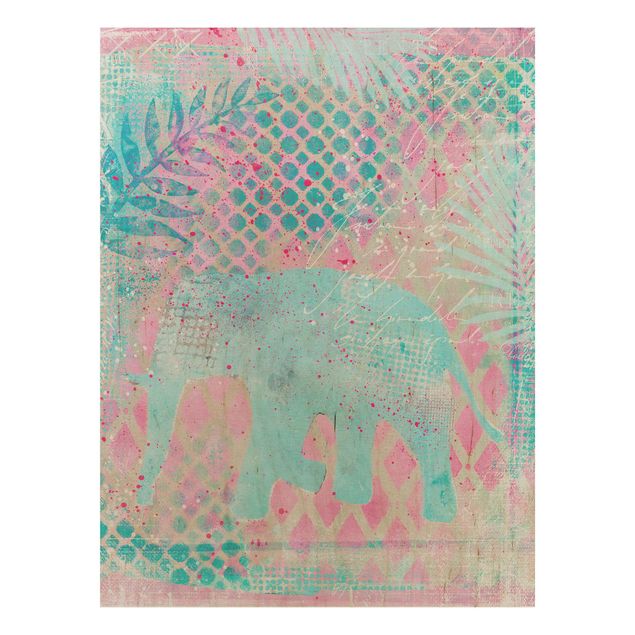 Stampa su legno - Colorato collage - Elefante in blu e rosa - Verticale 4:3