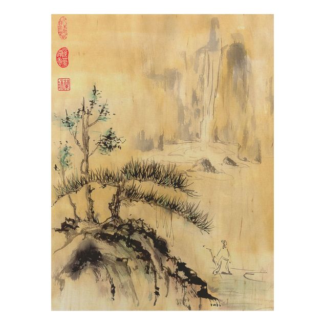 Stampa su legno - Giapponesi Acquerello cedri e Monti - Verticale 4:3