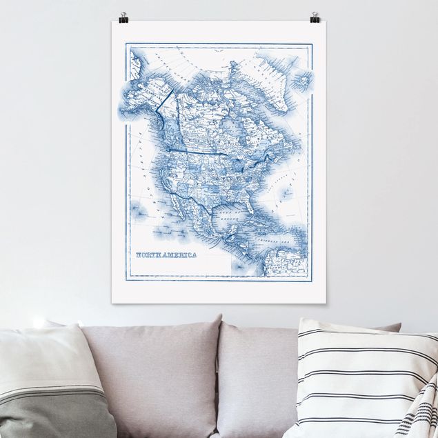 Poster illustrazioni Mappa in toni blu - America del Nord