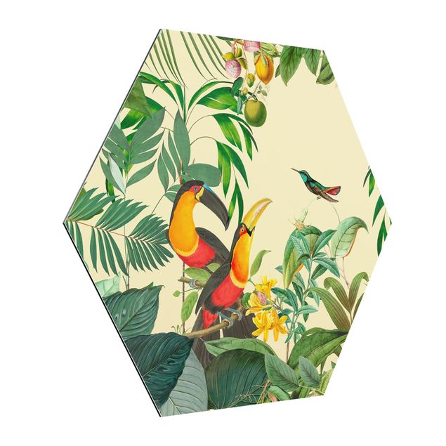 Esagono in Alluminio Dibond - Vintage Collage - Birds In The Jungle