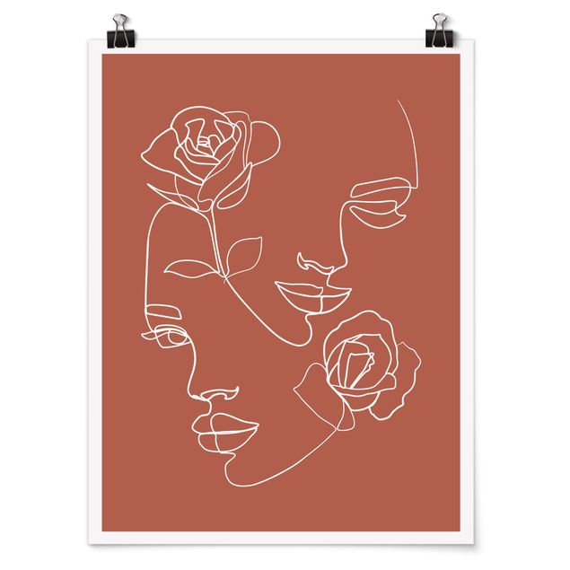 Poster - Line Art Faces donne Roses rame - Verticale 4:3