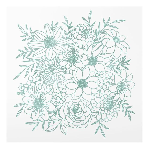 Paraschizzi in vetro - Line art fiori in verde metallico - Quadrato 1:1