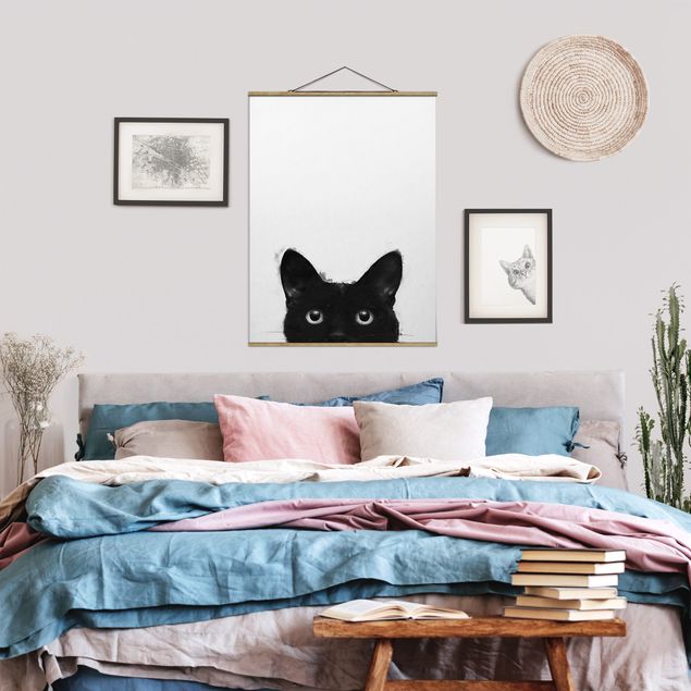 Foto su tessuto da parete con bastone - Laura Graves - Illustrazione pittura Gatto nero su bianco - Verticale 4:3