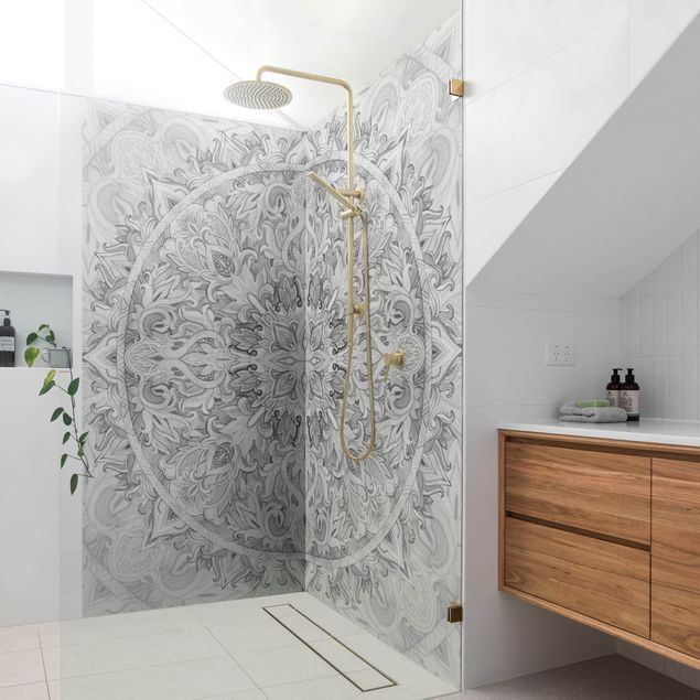 Rivestimenti per doccia alluminio dibond Mandala ad acquerello con motivo ornamentale bianco e nero