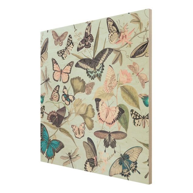 Stampa su legno - Vintage Collage - farfalle e libellule - Quadrato 1:1