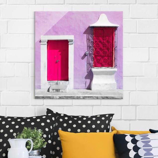 Quadro in vetro - Pink façade Pink Door - Quadrato 1:1
