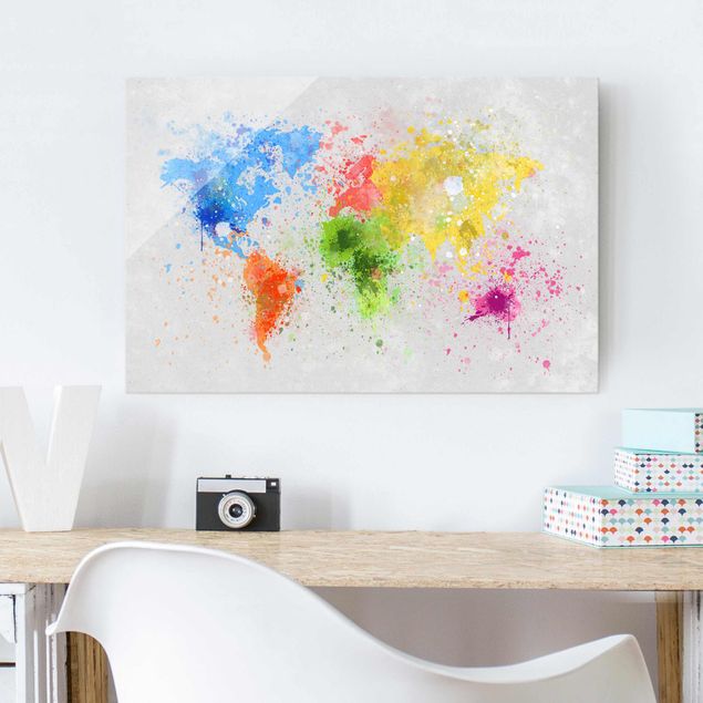 Lavagna magnetica vetro Mappa del mondo a schizzi colorati