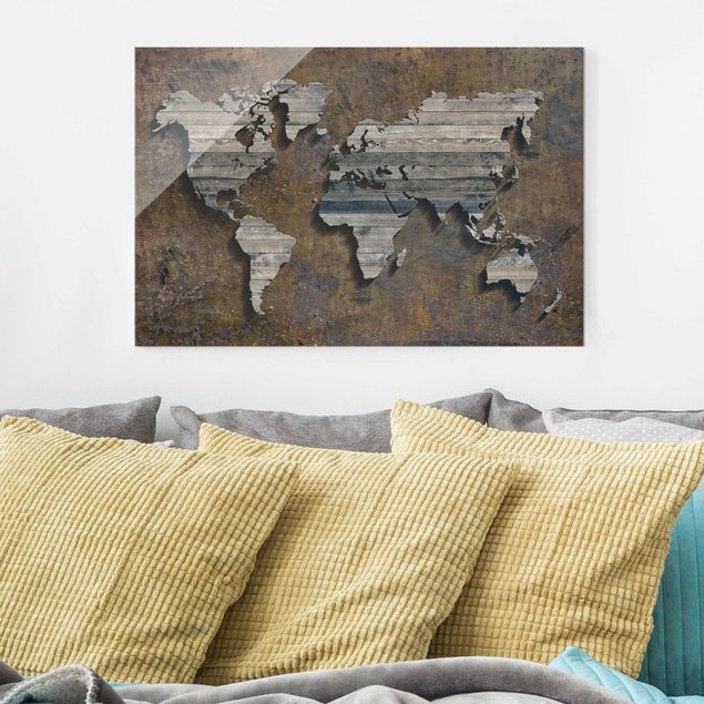Lavagna magnetica vetro Mappa del mondo con griglia di legno