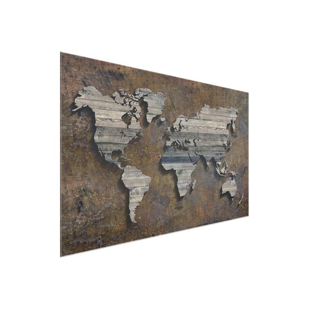 Quadro in vetro - Wooden grid world map - Orizzontale 3:2