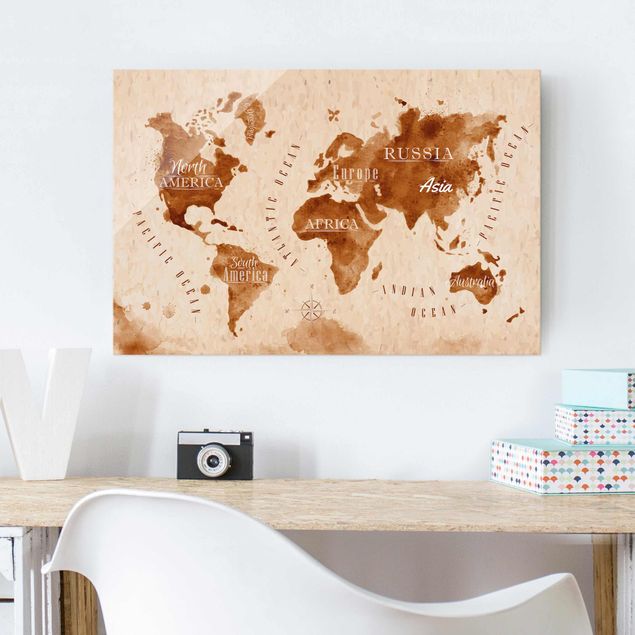 Lavagna magnetica vetro Mappa del mondo Acquerello Beige Marrone