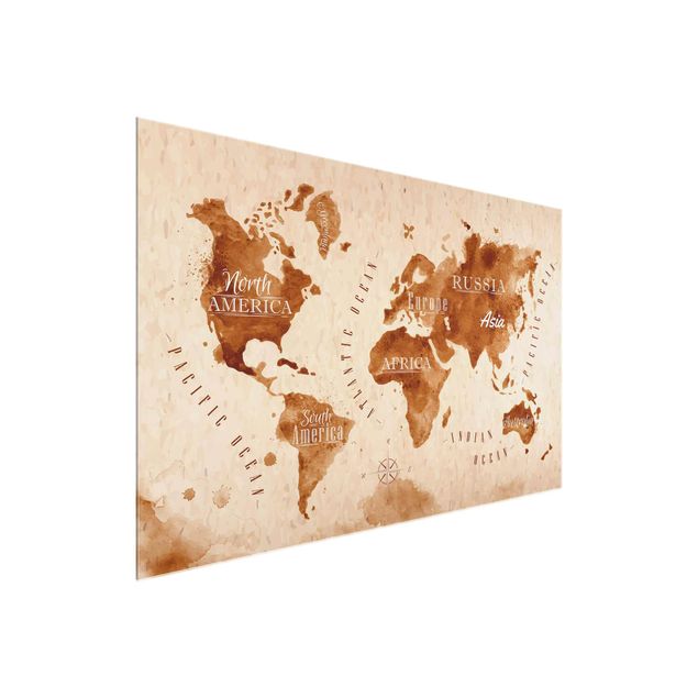 Quadro in vetro - World Map watercolor beige brown - Orizzontale 3:2