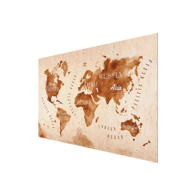 Quadro in vetro - World Map watercolor beige brown - Orizzontale 3:2
