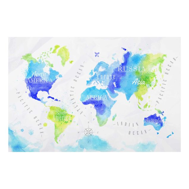 Quadro in vetro - World Map watercolor blue green - Orizzontale 3:2