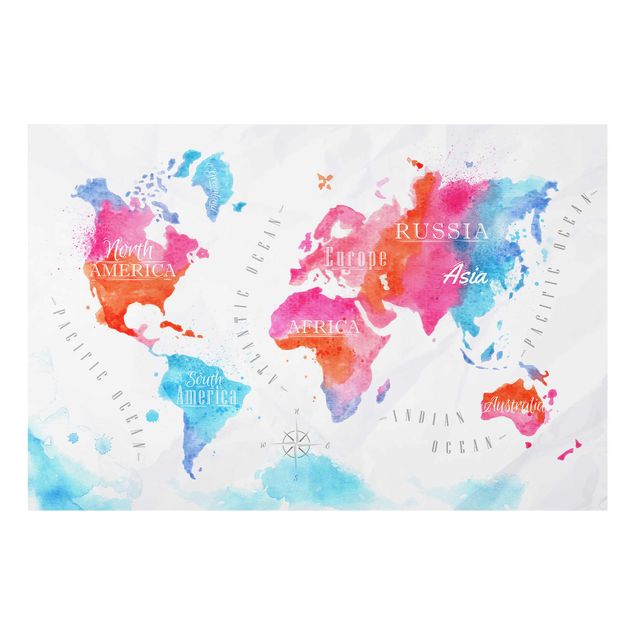 Quadro in vetro - World Map watercolor red blue - Orizzontale 3:2