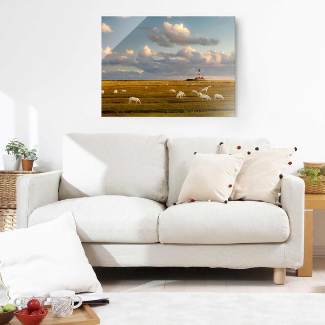 Quadro in vetro - North Sea lighthouse with sheep herd - Orizzontale 4:3