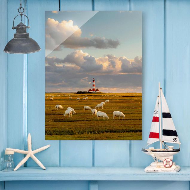 quadri con animali Faro sul Mare del Nord con gregge di pecore