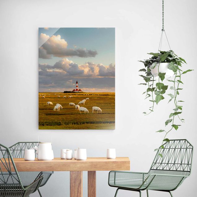 Quadro in vetro - North Sea lighthouse with sheep herd - Verticale 3:4