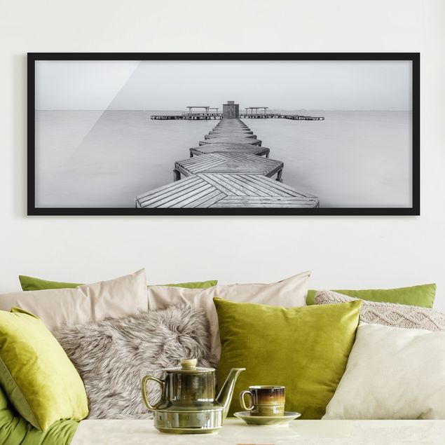 Poster con cornice - Molo in legno Bianco e nero - Panorama formato orizzontale