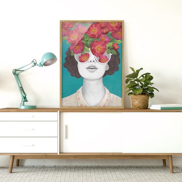 Poster con cornice - Illustrazione Collage del ritratto della donna con i fiori Occhiali - Verticale 4:3