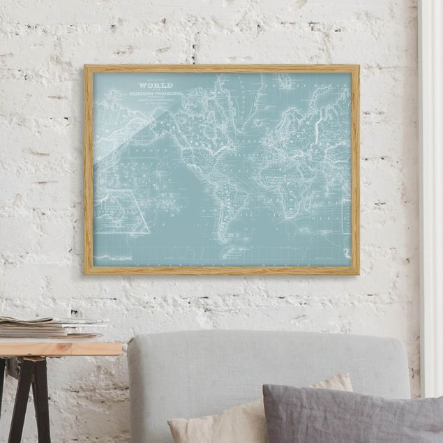 Poster con cornice - World Map In Ice Blue - Orizzontale 3:4