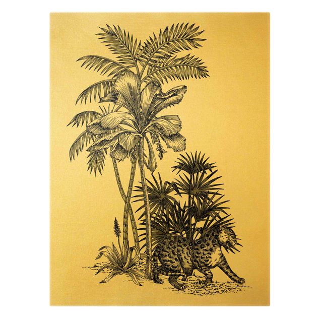 Quadro su tela fiori Illustrazione vintage - Tigre e palme