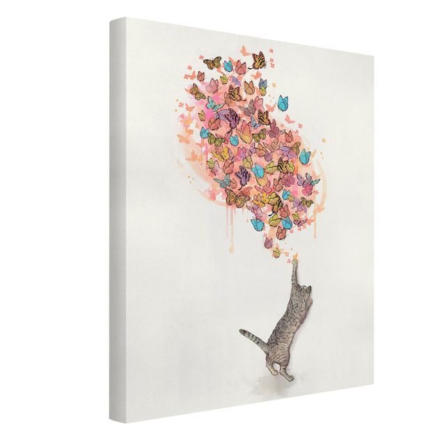 quadri con animali Illustrazione - Gatto con farfalle colorate pittura