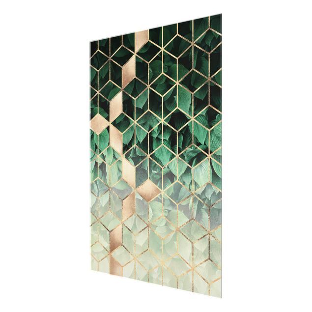 Quadro in vetro - Verde Foglie d'oro Geometria - Verticale 4:3