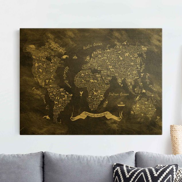 Stampa su tela oro Mappa del mondo in gesso tipografico