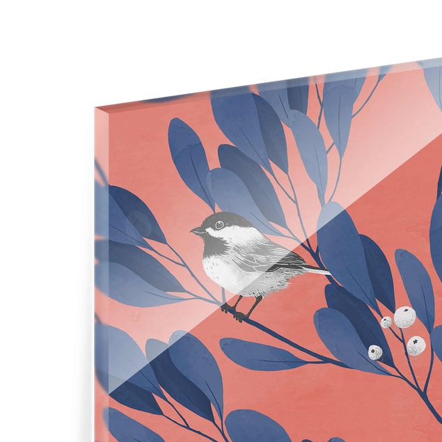 Quadro in vetro - Illustrazione Gatto E uccello sul ramo Blu Rosso - Verticale 4:3