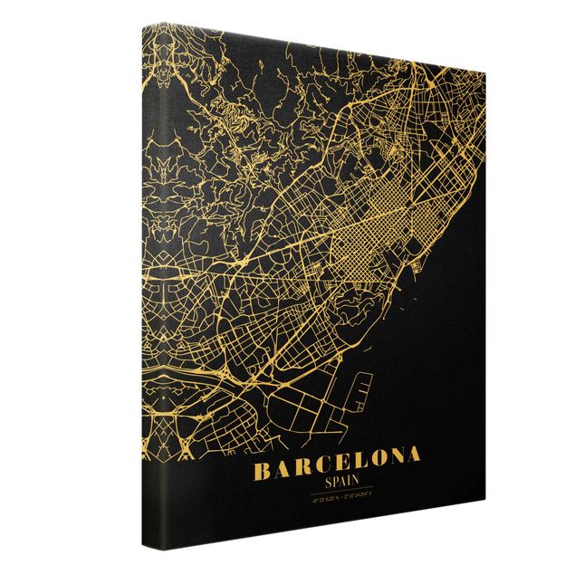 Quadro su tela oro - Pianta della città Barcellona - Classico nero