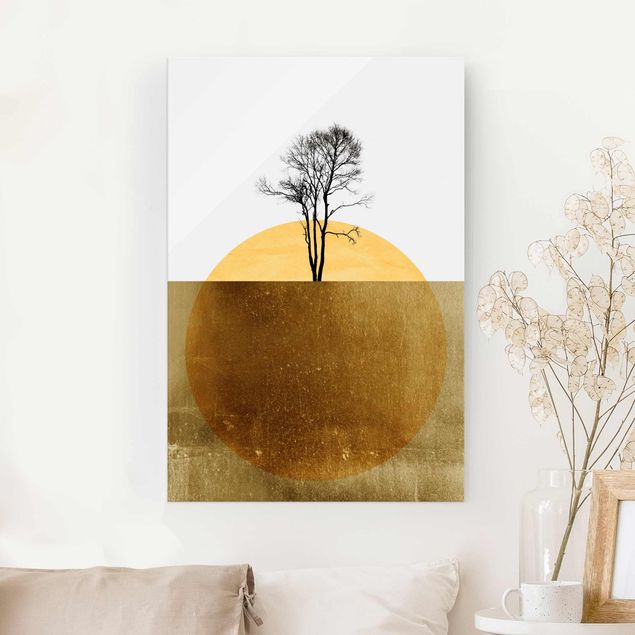 Lavagna magnetica vetro Sole d'oro con albero