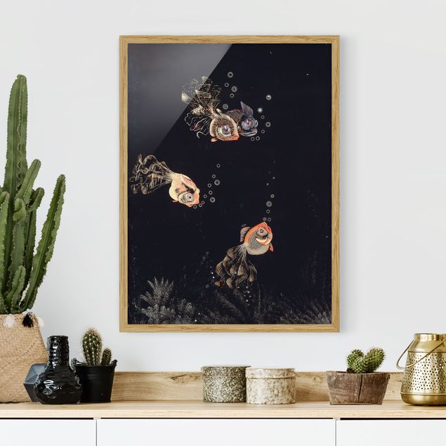 Quadri animali Jean Dunand - Scena subacquea con pesci rossi e dorati e bolle di sapone