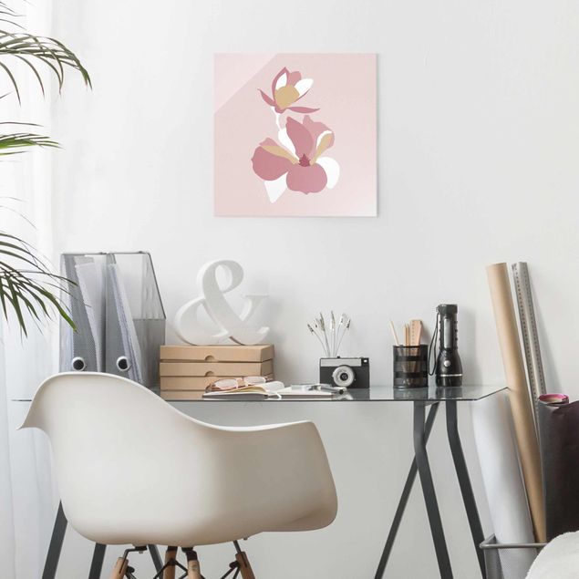 Quadro in vetro - Line Art Fiori rosa pastello - Quadrato 1:1