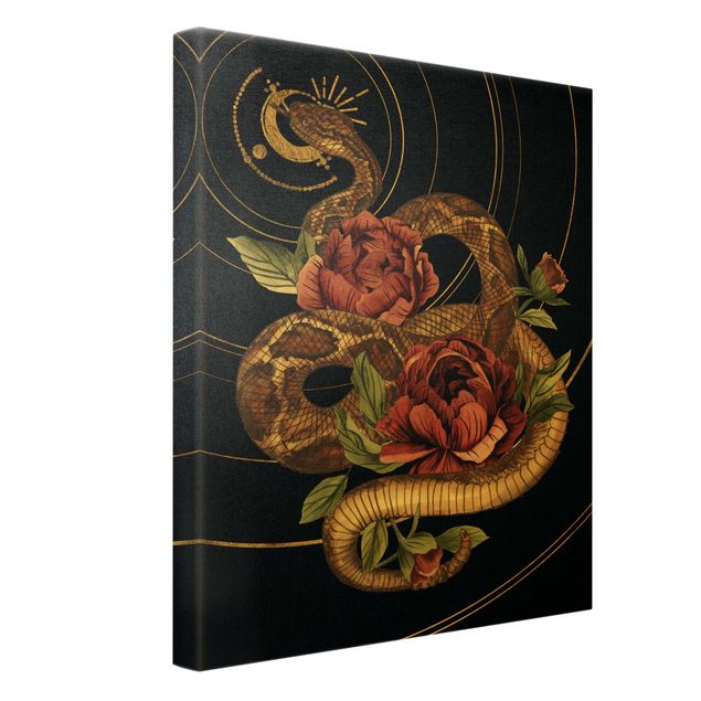 Quadro su tela oro - Serpente con rose in nero e oro I