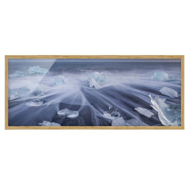 Poster con cornice - Pezzi Di Ghiaccio Sulla Spiaggia Est Islanda Islanda - Panorama formato orizzontale