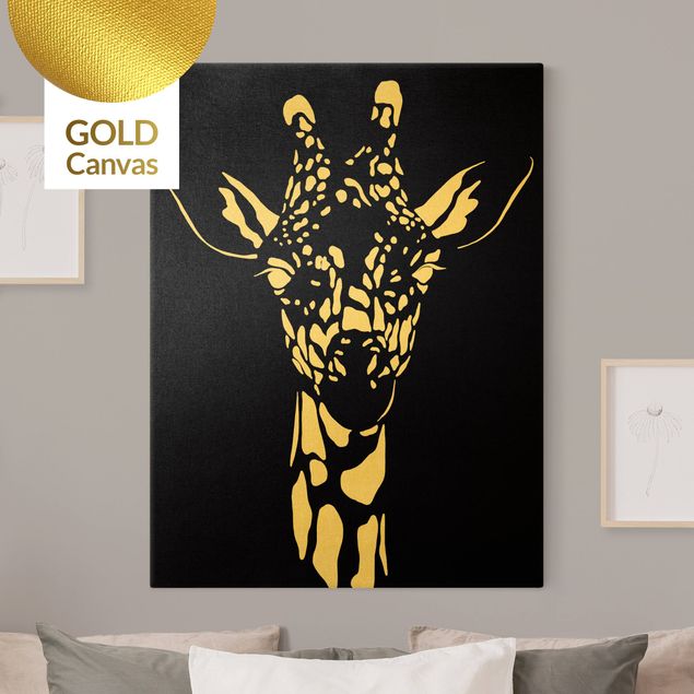 Stampa su tela oro Animali del Safari - Ritratto di giraffa nero