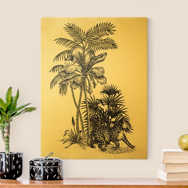 Stampa su tela oro Illustrazione vintage - Tigre e palme