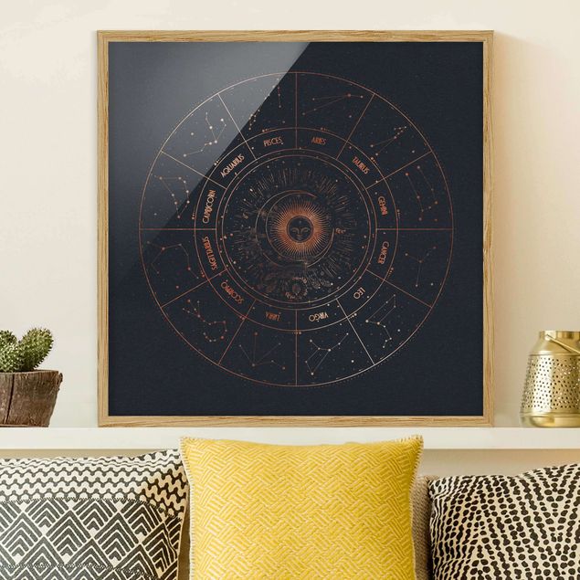 Poster con cornice - Astrologia i 12 segni dello zodiaco Blue Gold - Quadrato 1:1