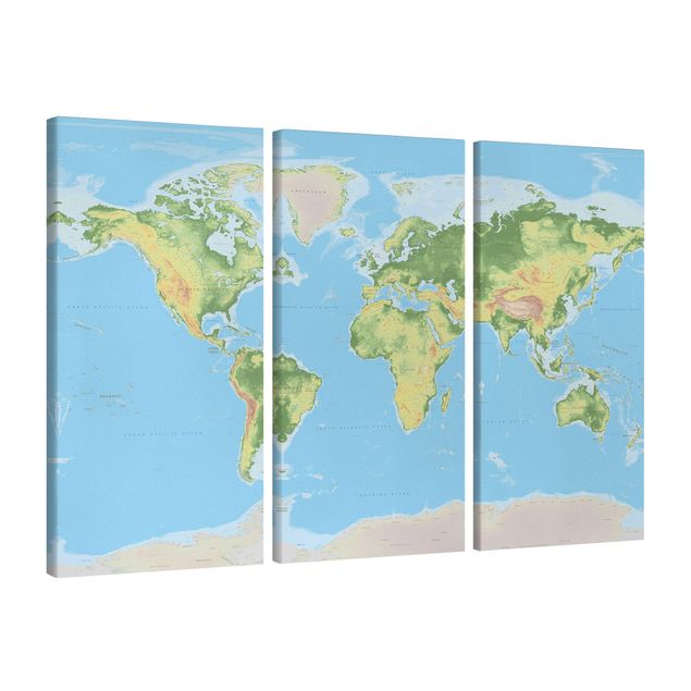 Stampa su tela 3 parti - Physical World Map - Verticale 2:1