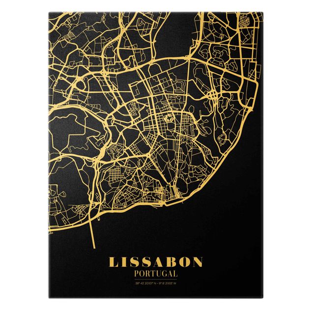 Quadro su tela oro - Pianta della città Lisbona - Classico nero