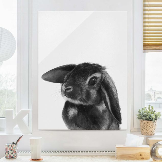 Quadro in vetro - Illustrazione Coniglio bianco e nero Disegno - Verticale 4:3