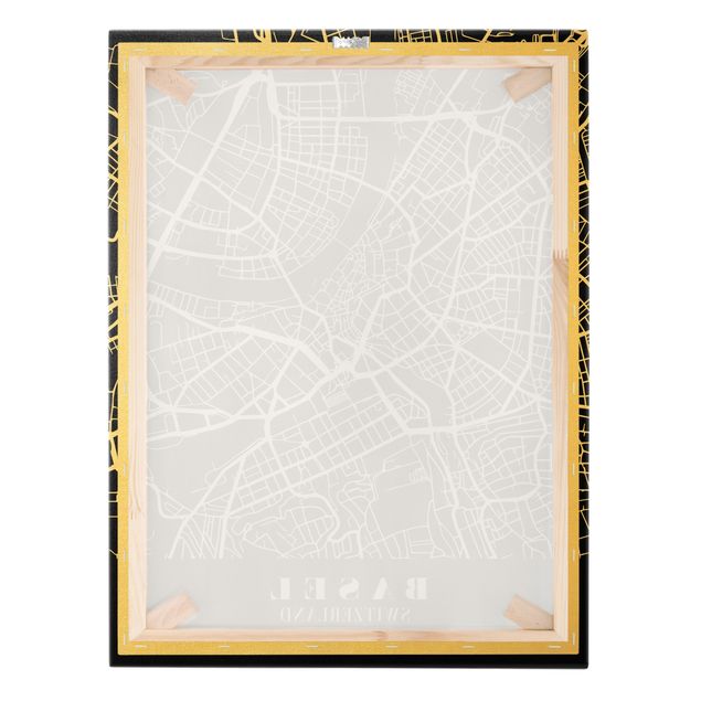 Quadro su tela oro - Pianta della città Basilea - Classico nero