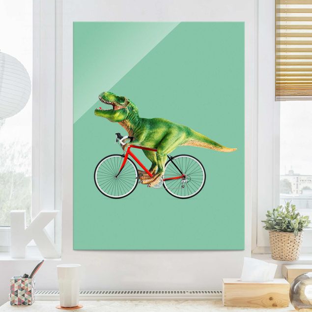 Quadro in vetro - Dinosauro con la bicicletta - Verticale 4:3