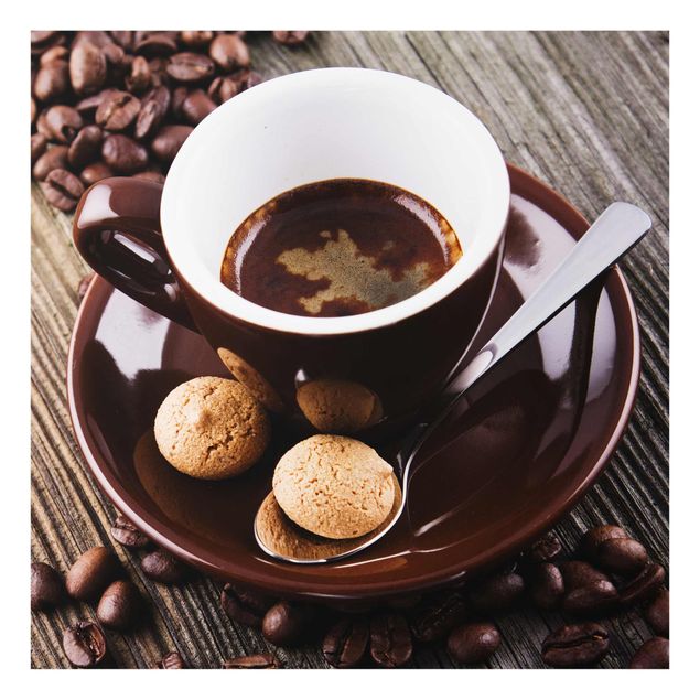 Quadro in vetro - Fagioli della tazza di caffè con il caffè - Quadrato 1:1