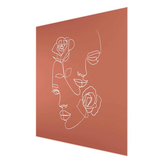 Quadro in vetro - Line Art Faces donne Roses rame - Quadrato 1:1