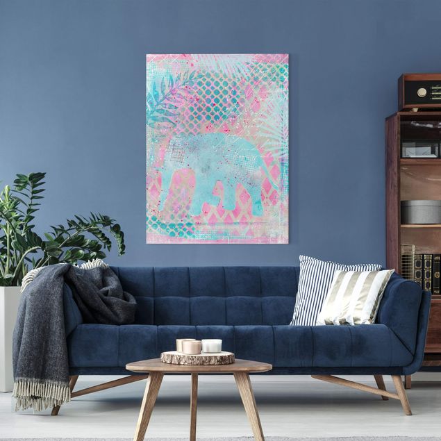 stampe animali Collage colorato - Elefante in blu e rosa