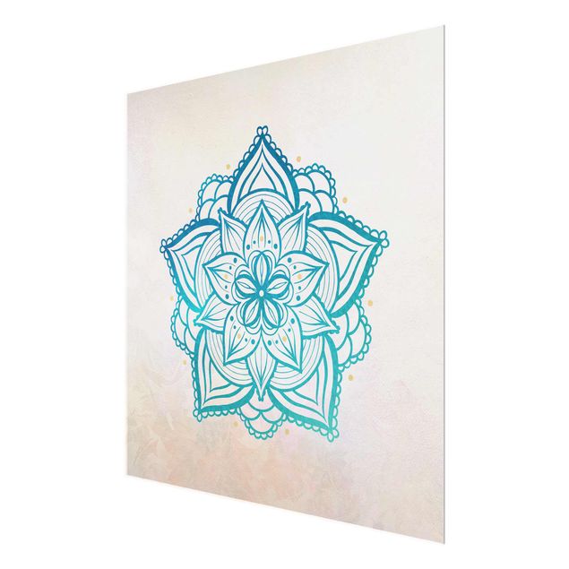 Quadro in vetro - Mandala illustrazione Mandala oro blu - Quadrato 1:1