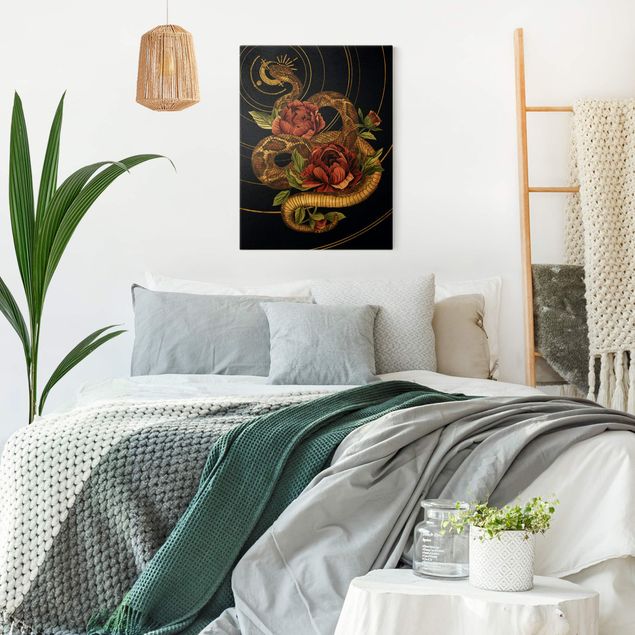 Quadri moderni per soggiorno Serpente con rose nero e oro I