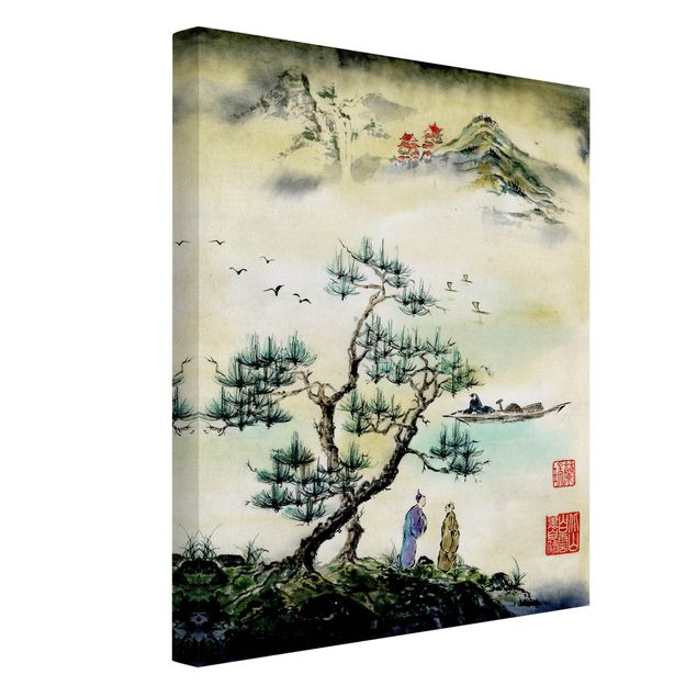 Riproduzioni su tela quadri famosi Disegno acquerello giapponese pino e villaggio di montagna